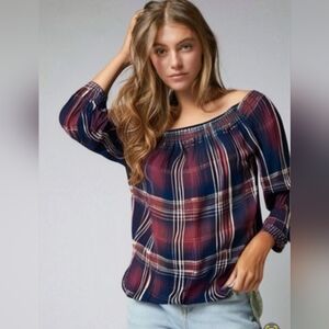 Anthropologie Cloth & Stone Burgundy And Navy Plaid Flannel Peasant Top